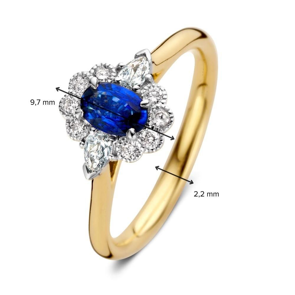 Bague pour femme en or 14 carats avec saphir bleu ovale et halo de diamants