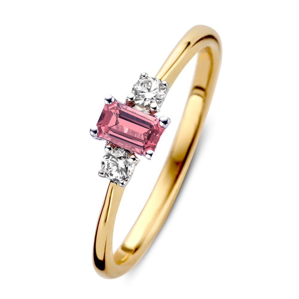 Bague en or bicolore 14 carats avec tourmaline rose baguette et diamants.