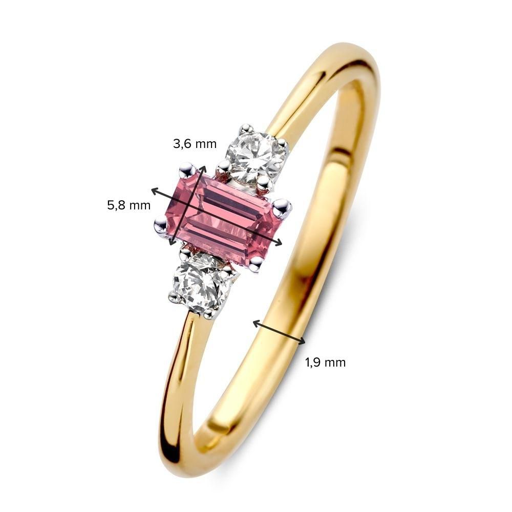 Bague en Or Bicolore 14 Carats avec Tourmaline Rose Baguette et Diamants