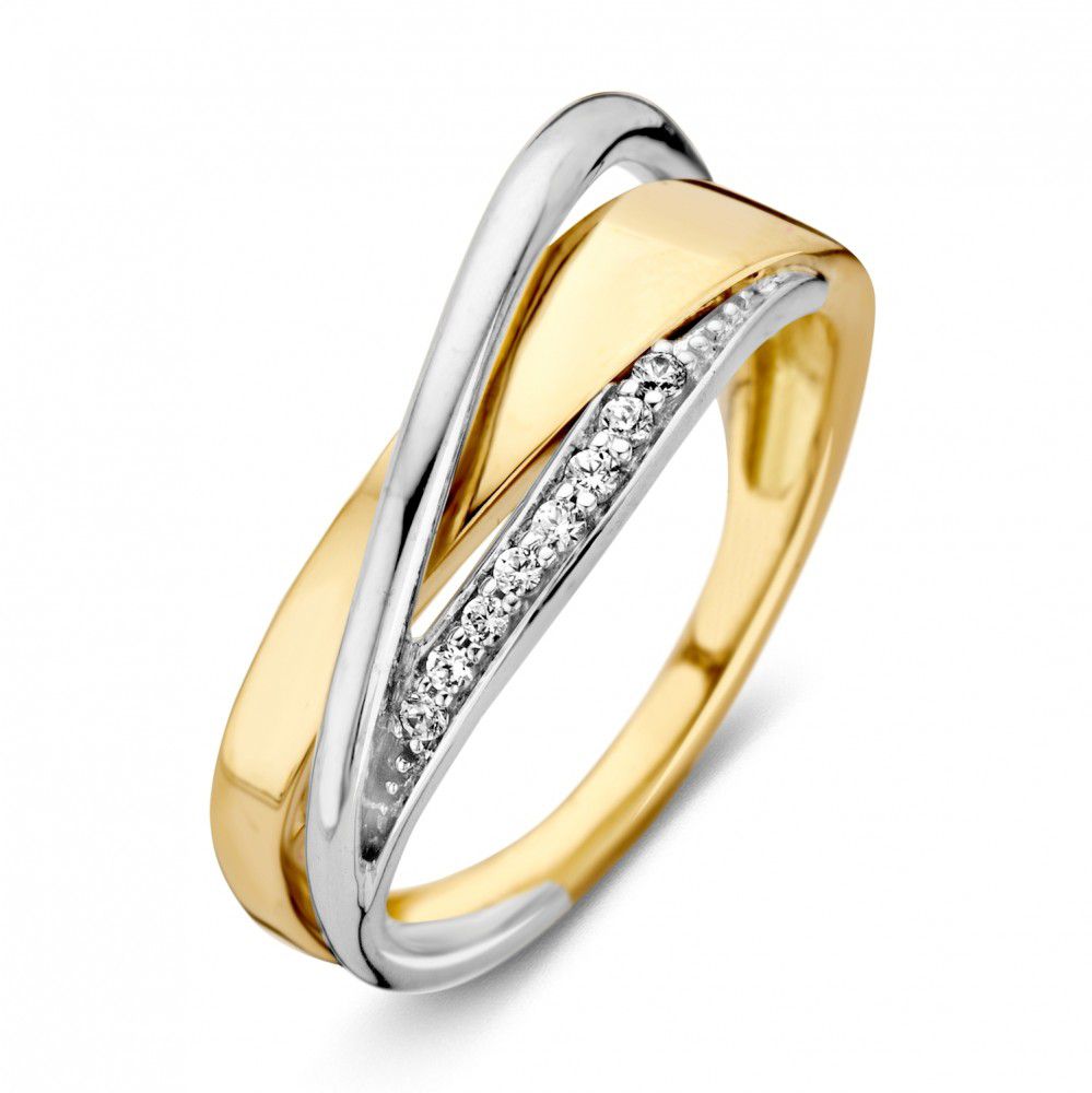 Bague en or bicolore 14 carats avec zirconiums blancs, largeur de 7,9 mm.