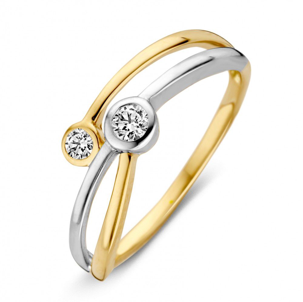 Bague bicolore en or 14 carats avec deux zircons blancs de 6,6 mm.