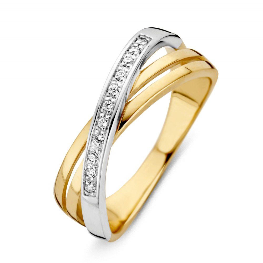 Bague bicolore en or avec zircones, design croisé et finition brillante.
