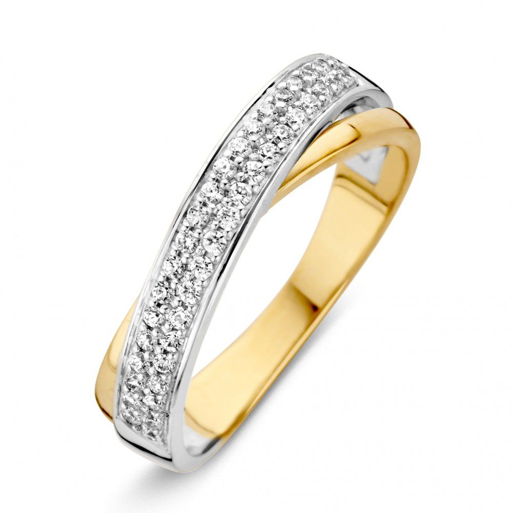 Bague bicolore en or blanc et jaune avec zirconiums blancs, largeur de 5 mm.