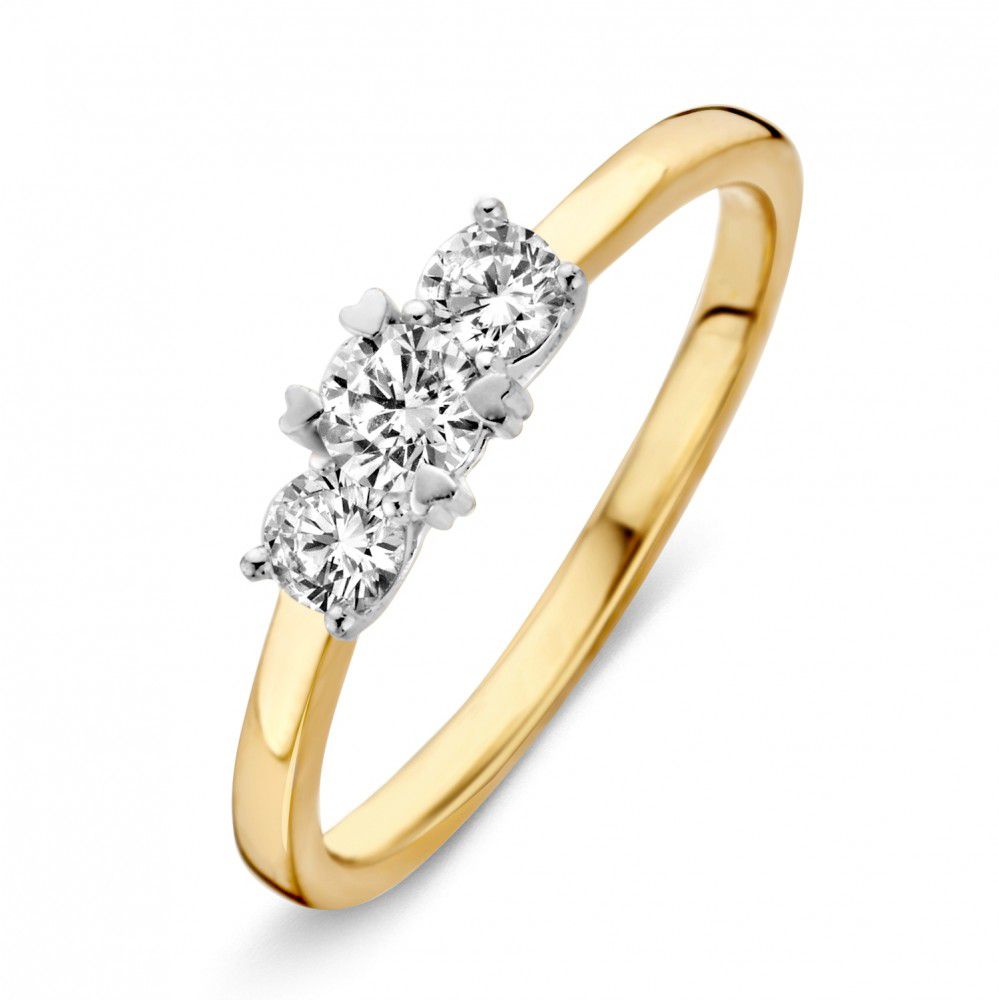 Bague en or bicolore 14 carats avec trois zirconias blancs de 4,6 mm.