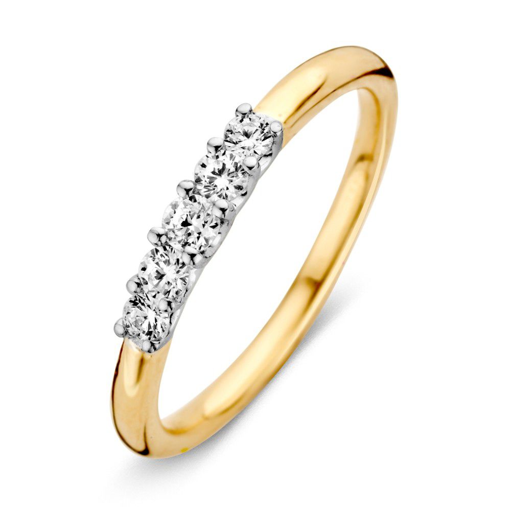Bague en or bicolore 14 carats avec cinq zircons blancs de 3 mm.