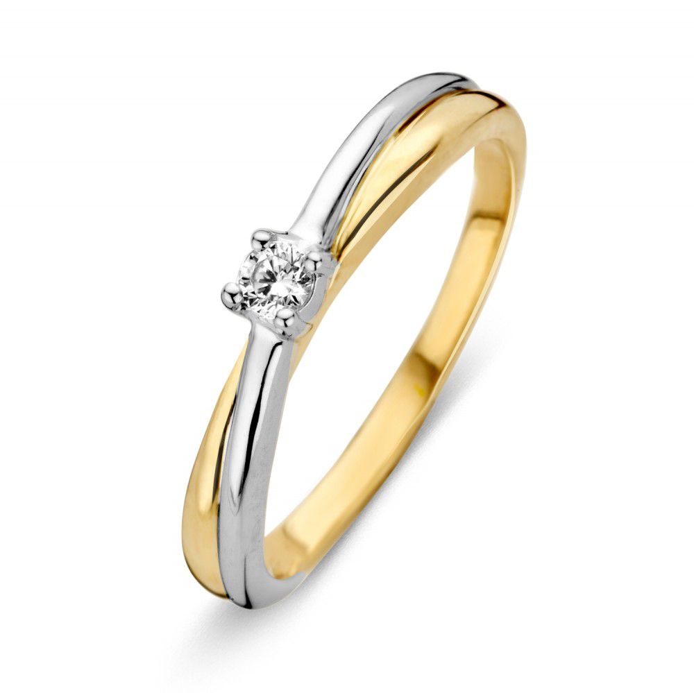 Bague en or bicolore avec zirconia blanche, 14 carats, largeur de 3,3 mm.