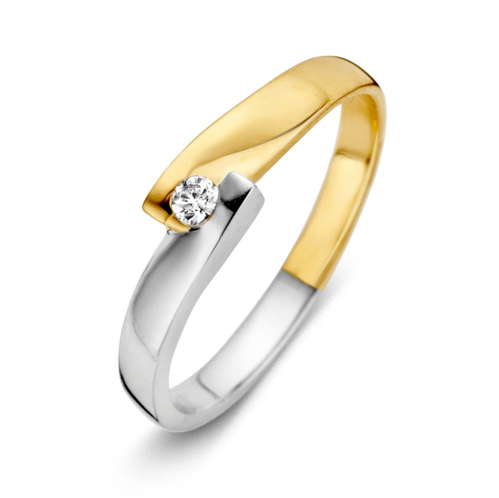 Bague bicolore élégante en or jaune et blanc avec un zirconium, design moderne.