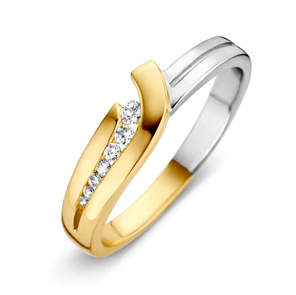 Bague bicolore en or avec zirconia – or jaune et blanc, finition brillante.