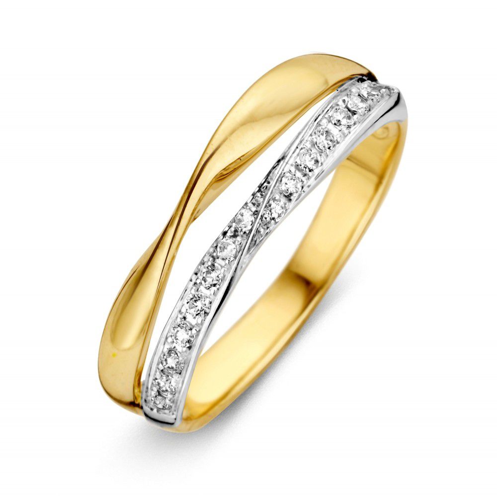 Bague en or jaune et blanc avec zirkonia, design élégant et subtil, finition brillante.