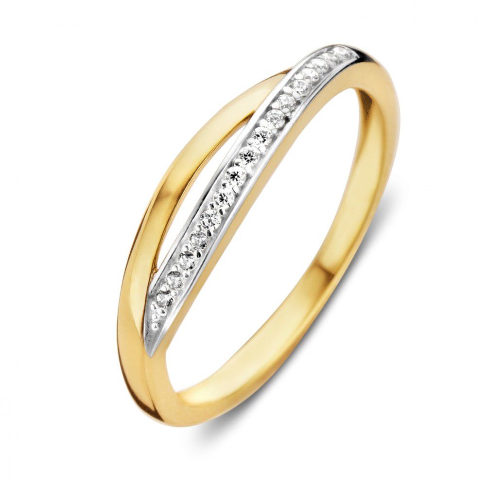 Bague en or bicolore avec zirconiums blancs, largeur de 4,4 mm.