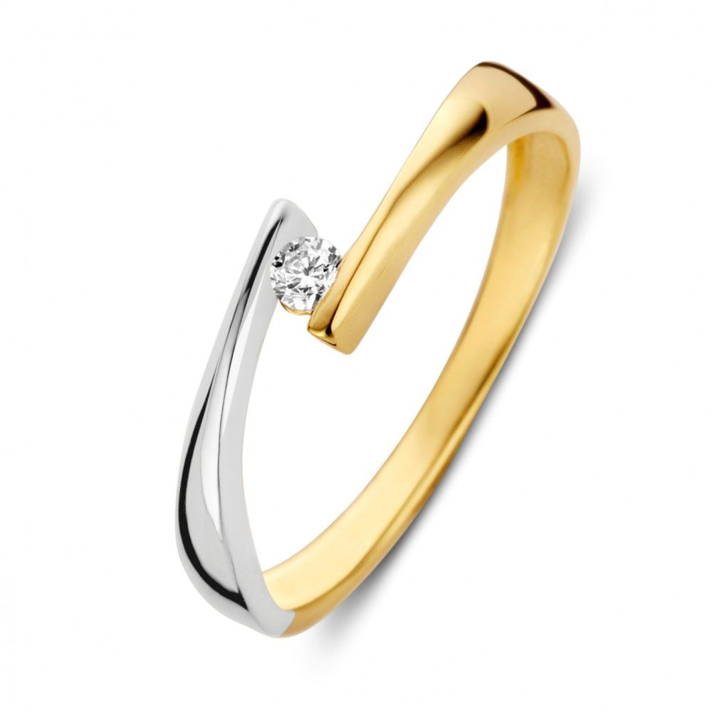 Bague bicolore en or blanc et or jaune avec zirconium blanc, largeur de 5 mm.