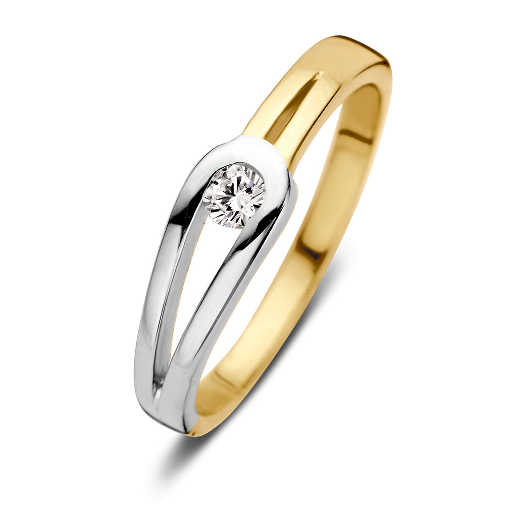 Bague bicolore en or blanc et jaune avec zirconia, 14 carats, largeur de 5,3 mm.