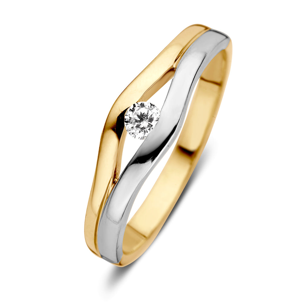 Bague bicolore en or avec zirconiums, 14 carats, largeur de 6,3 mm.
