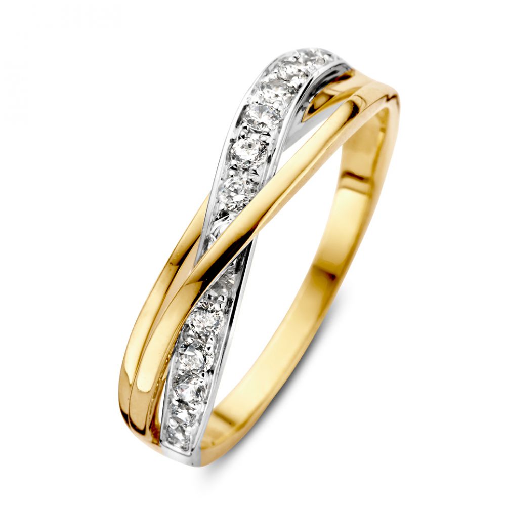 Bague bicolore en or jaune et blanc avec zirconia, design élégant et raffiné.