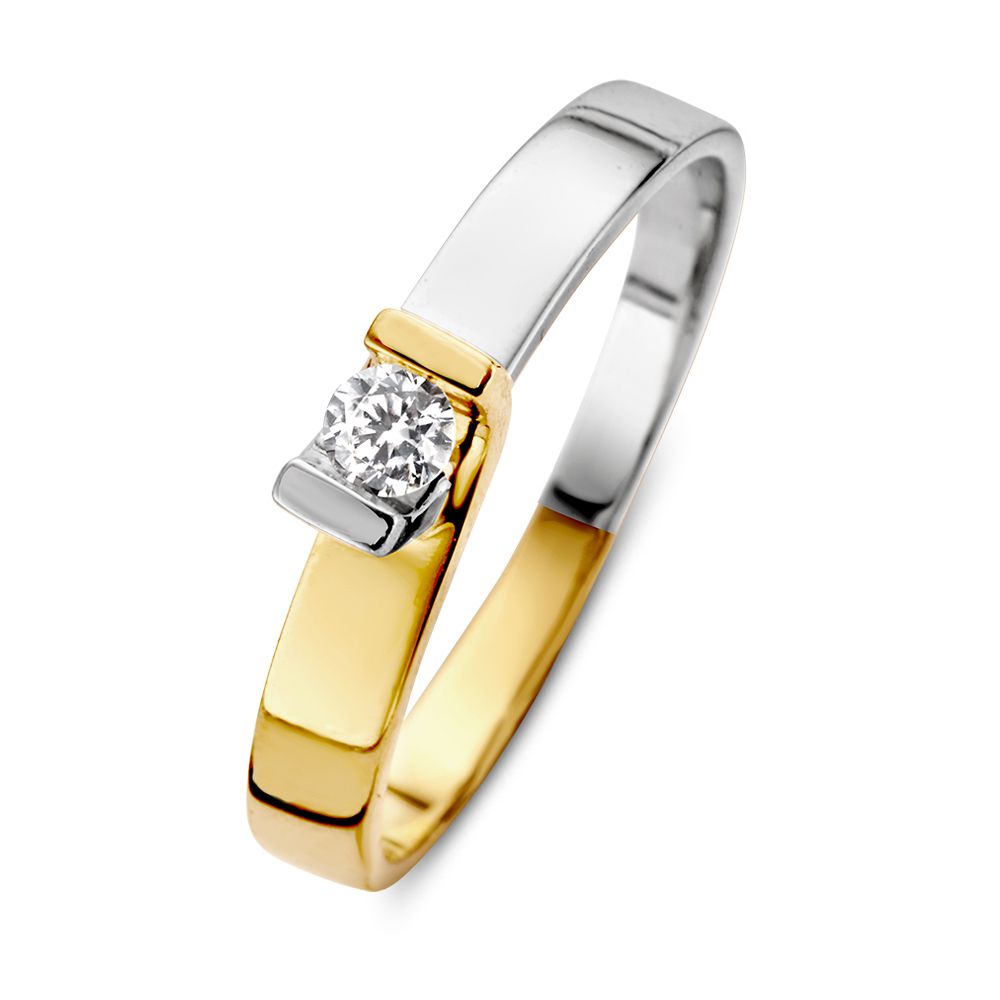 Bague bicolore en or jaune et blanc 14 carats avec zirconium, design élégant et moderne.