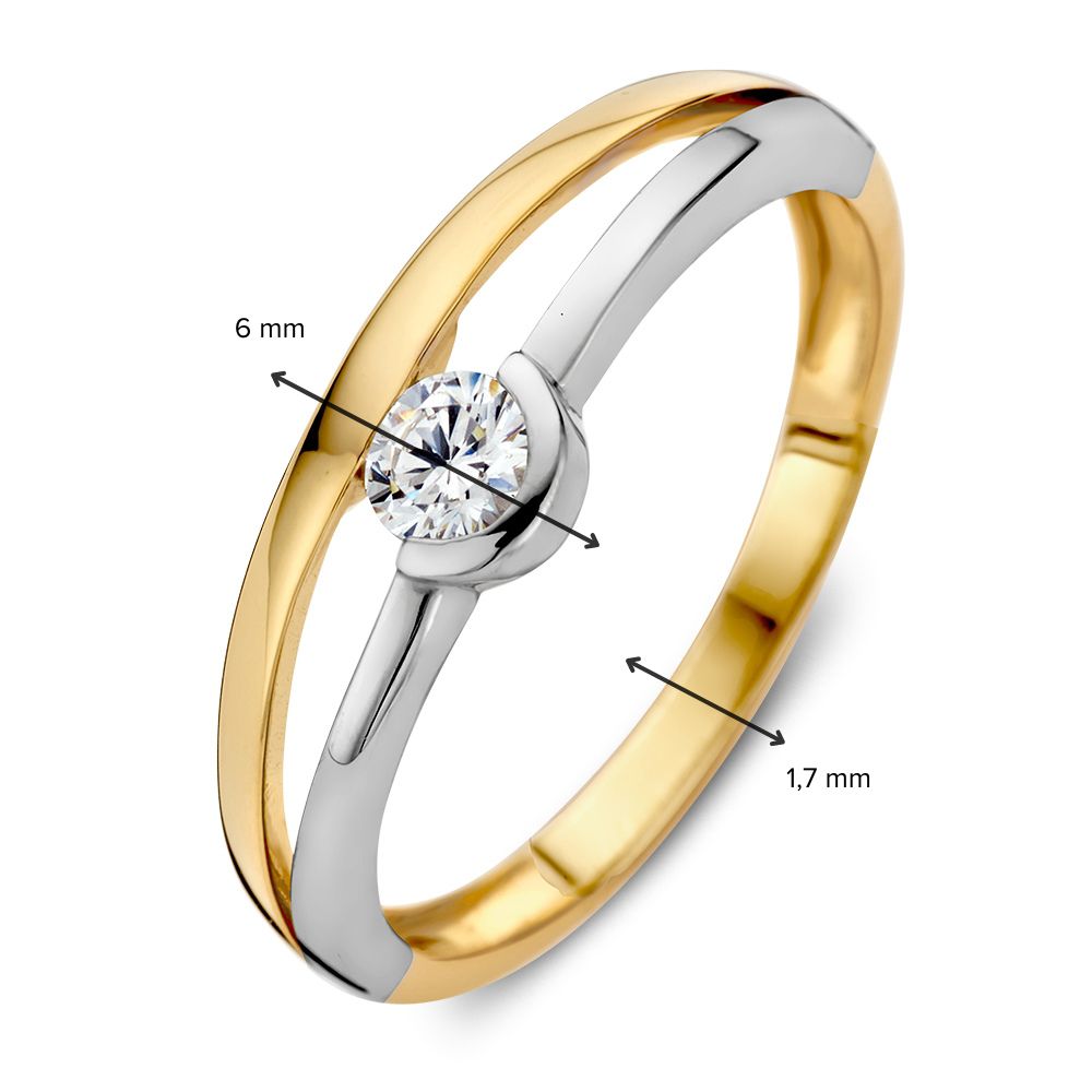 Bague pour femme en or jaune et or blanc bicolore avec zircones scintillantes | Or 14 carats | Élégante bague de 6 mm de large | Bijou de luxe moderne