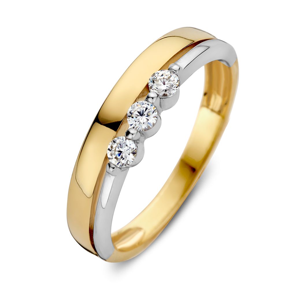 Bague bicolore en or avec trois zirconias brillantes.