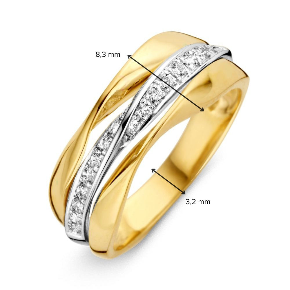 Bague Dames Bicolore Large avec Zircone – Luxe 14 Carats Or Jaune/Or Blanc
