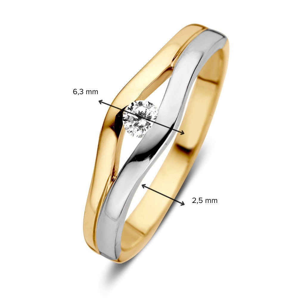 Bague en Or Bicolore avec Zircones – Or Jaune/Blanc 14 Carats, 6,3 mm