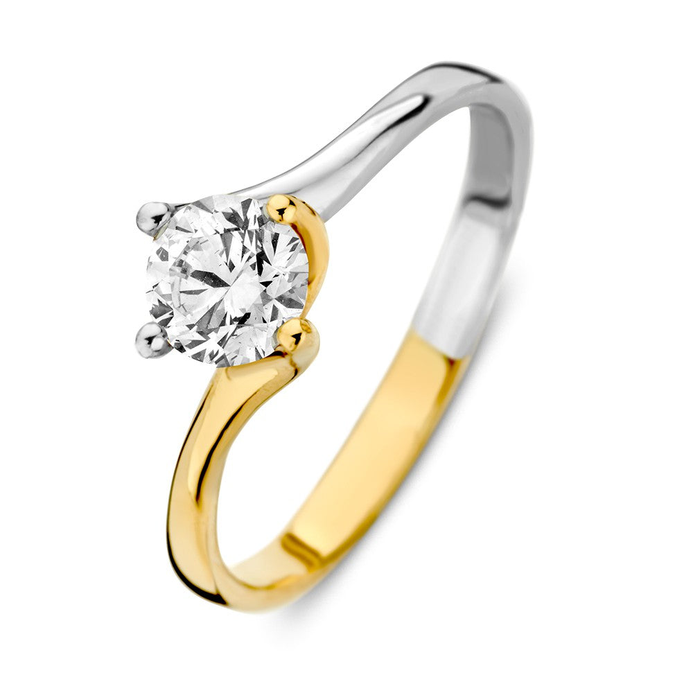 Bague solitaire bicolore en or blanc et or jaune avec zirconium, design élégant.