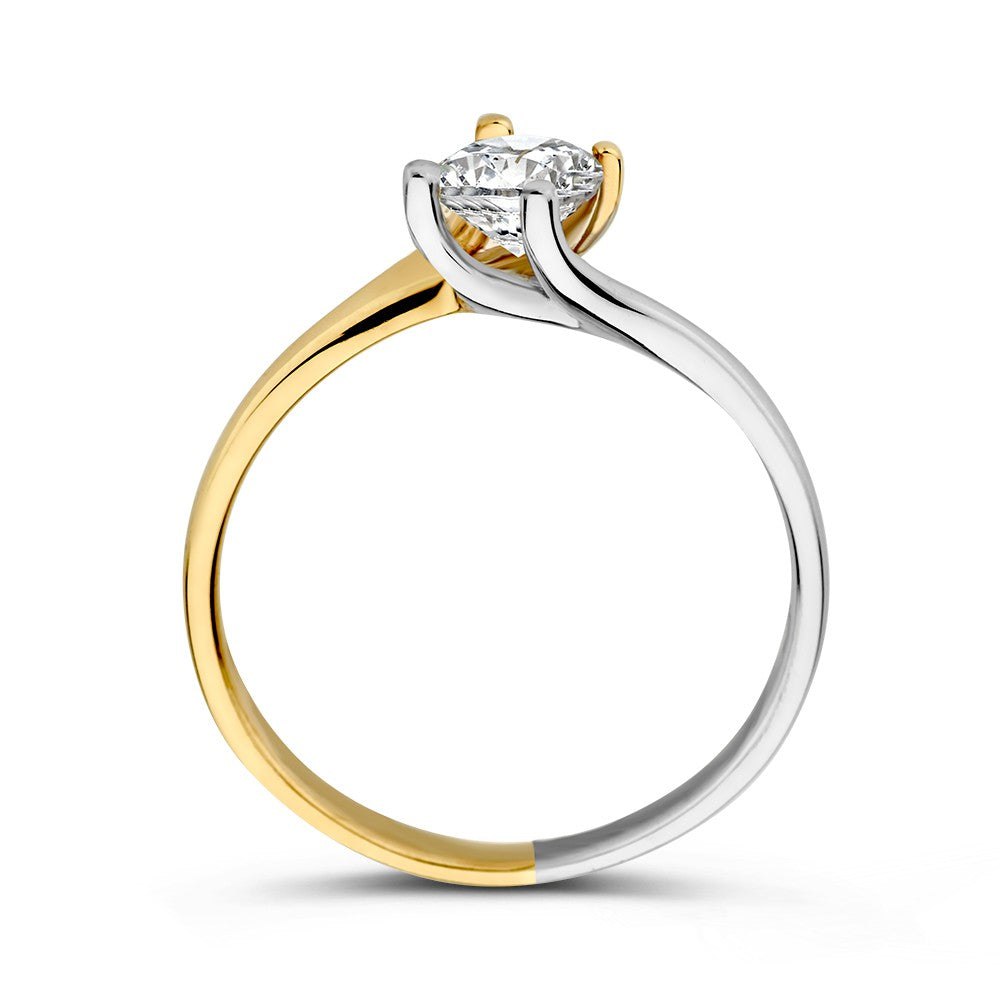 Bague solitaire bicolore en or blanc et or jaune avec zircone – luxe 14 carats pour femme