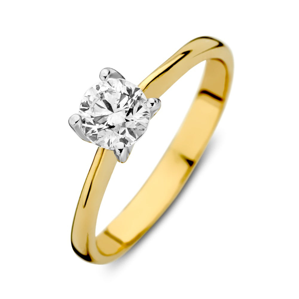 Bague solitaires bicolore en or blanc et or jaune avec zirconium, 14 carats.