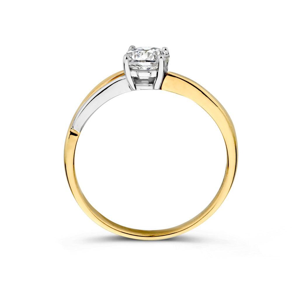 Bague Bicolore en Or Blanc et Or Jaune avec Pierre Zircone au Centre – Luxe 14 Carats pour Femme
