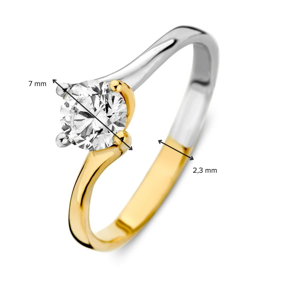 Bague solitaire bicolore en or blanc et or jaune avec zircone – luxe 14 carats pour femme