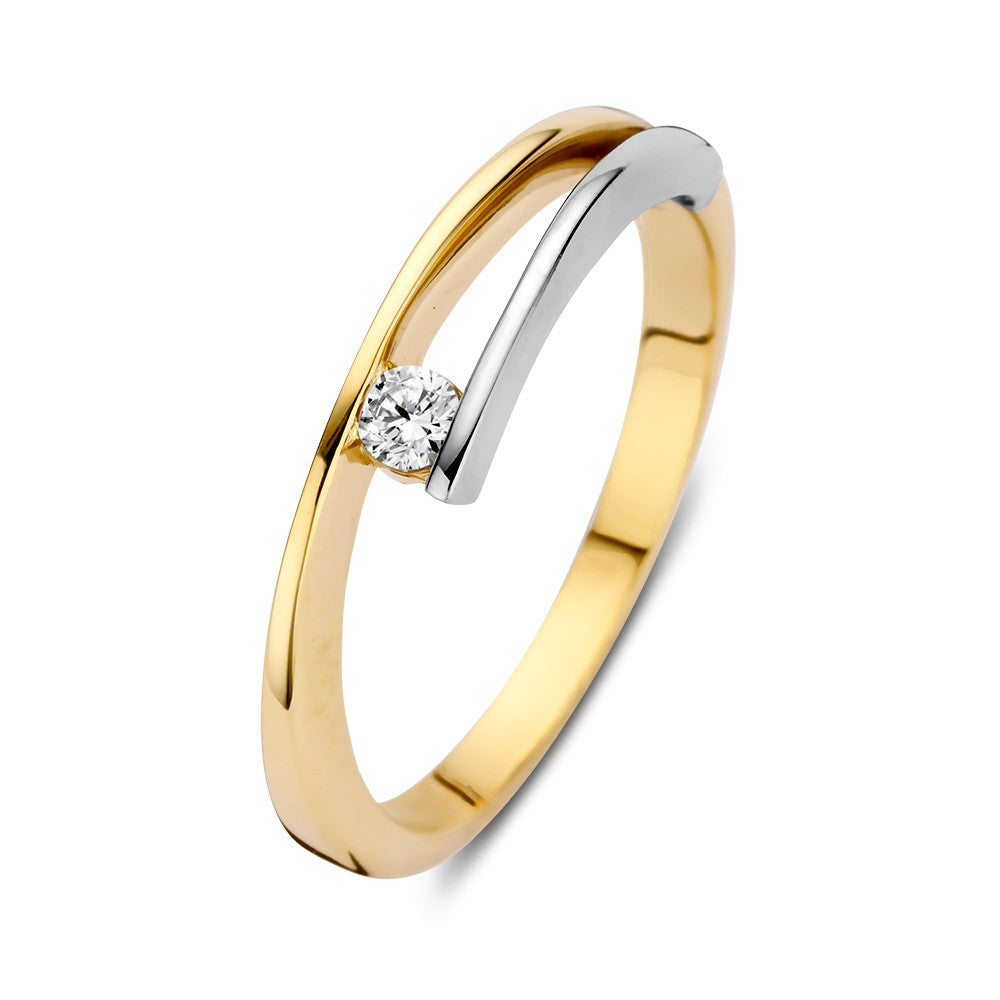 Bague bicolore en or jaune et blanc avec zirconia, 14 carats, 5,5 mm de large.