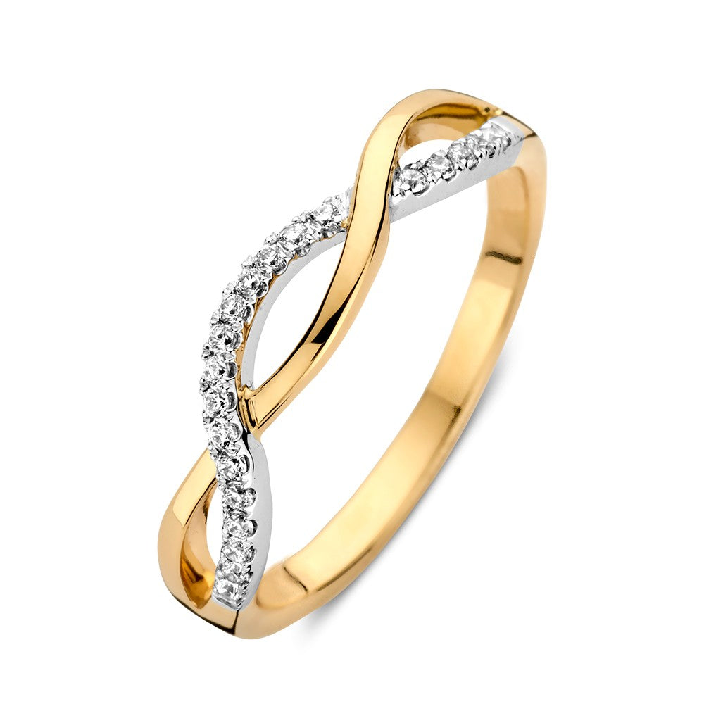 Bague bicolore en or blanc et or jaune avec bande tressée et zirconiums.