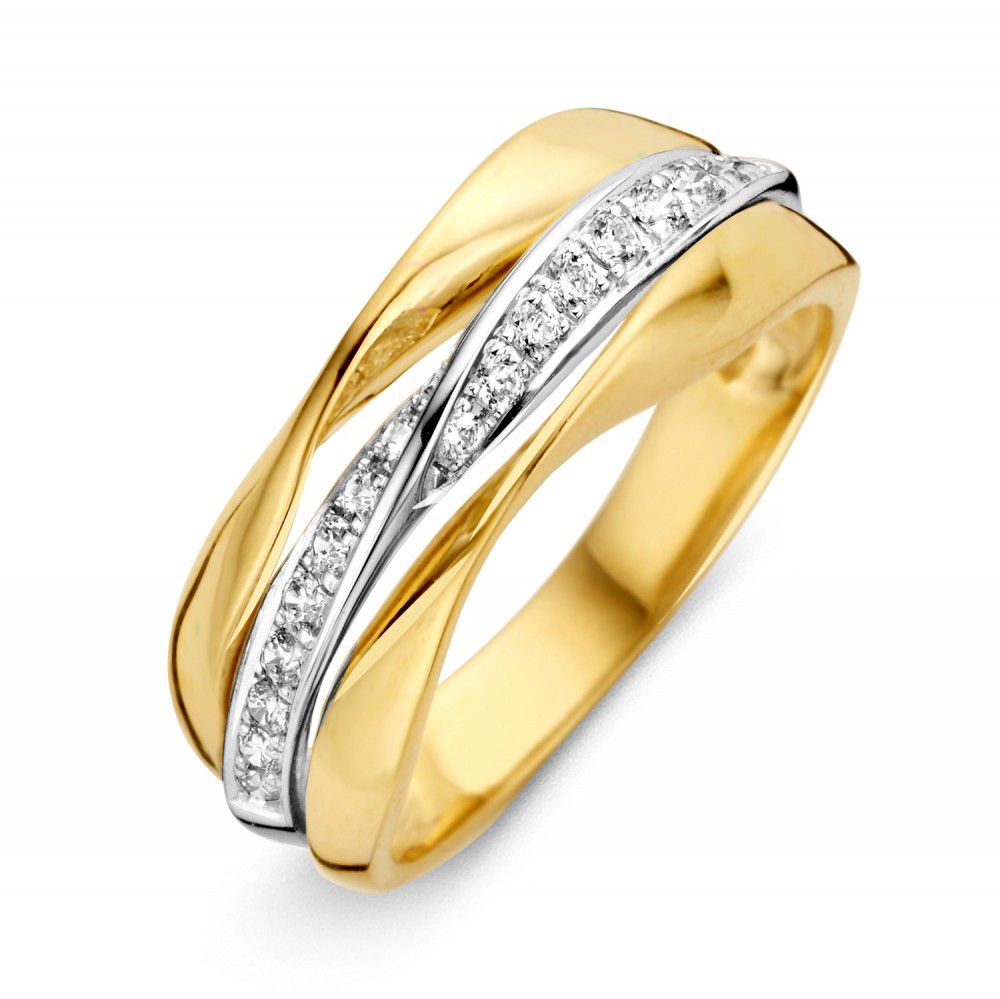 Bague large bicolore en or jaune et blanc avec zircons, design ondulé.