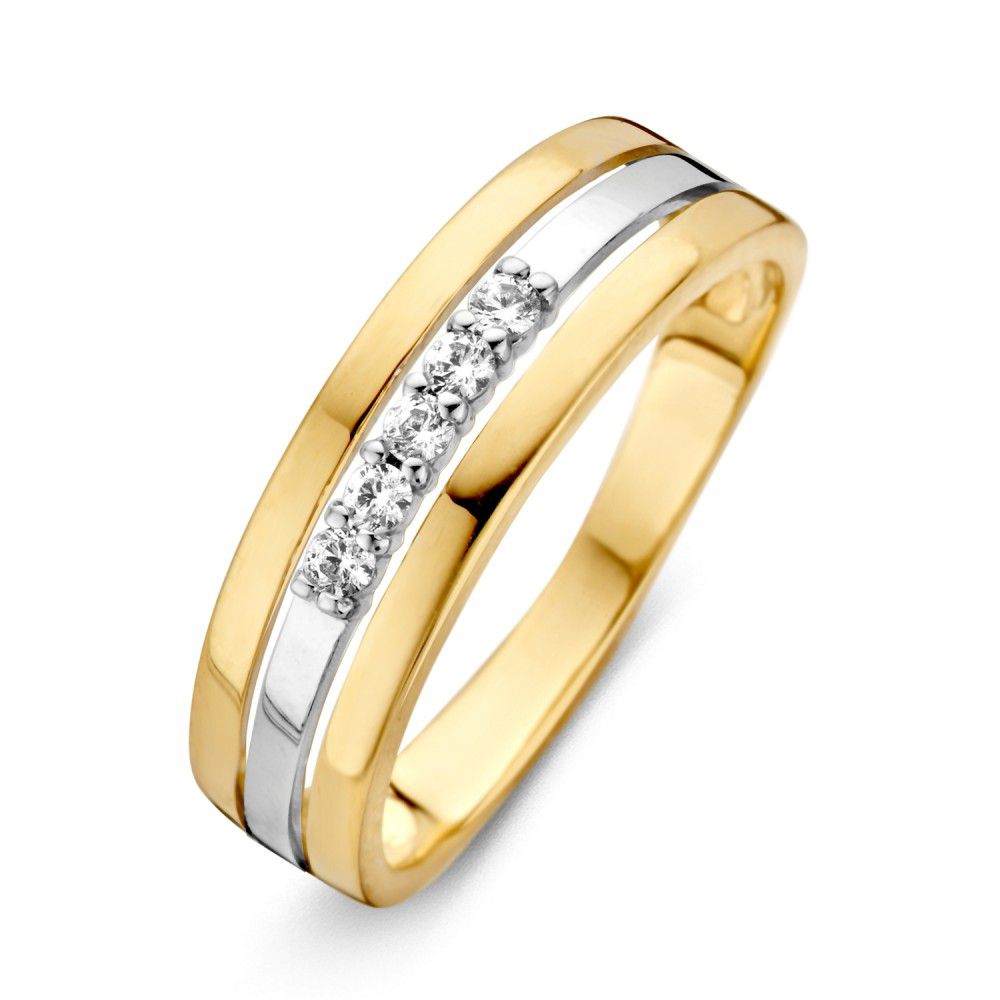 Bague en or jaune et blanc avec zirconias, design moderne et finition polie.
