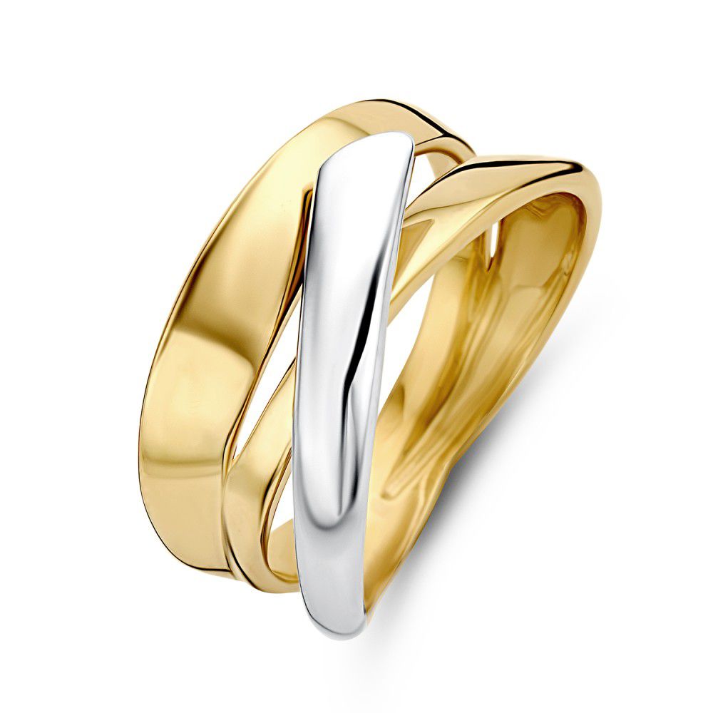 Bague dame en or jaune et blanc 14 carats avec un design entrelacé.