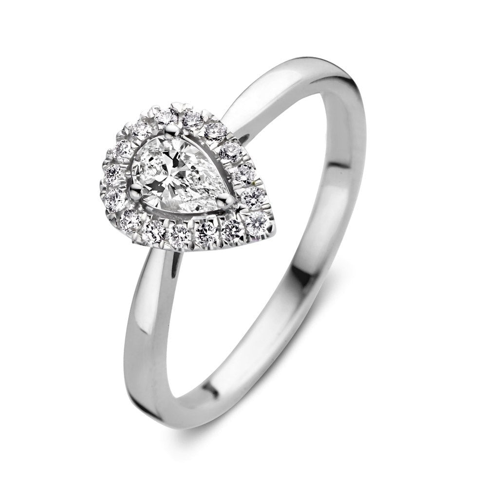 Bague en or blanc avec un motif en forme de poire orné de diamants.