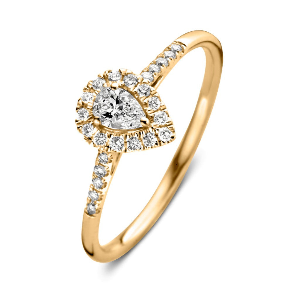 Bague en or jaune avec un design en forme de poire, ornée de diamants brillants.