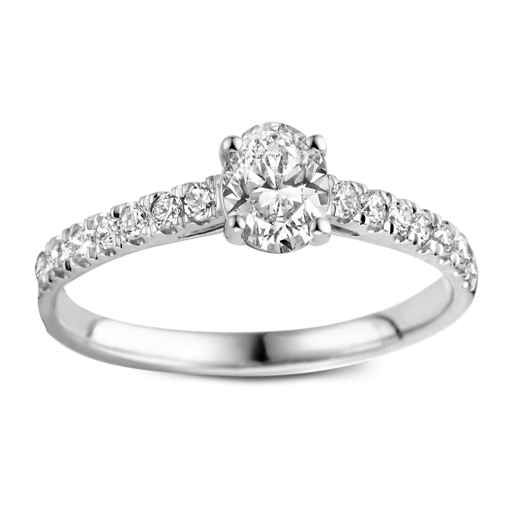 Bague en or blanc avec un diamant central et des diamants sur le band.