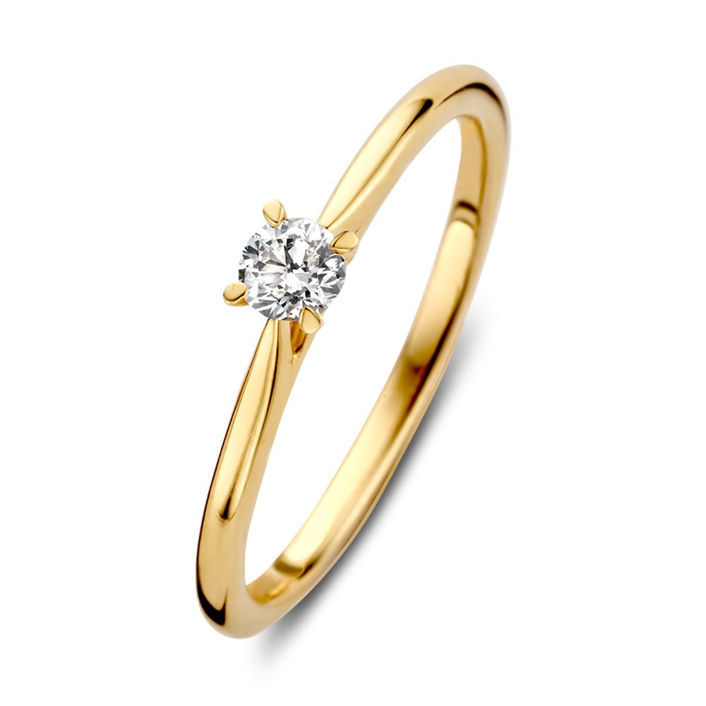 Bague en or jaune avec un diamant brillant de 0,17 ct, design simple et élégant.