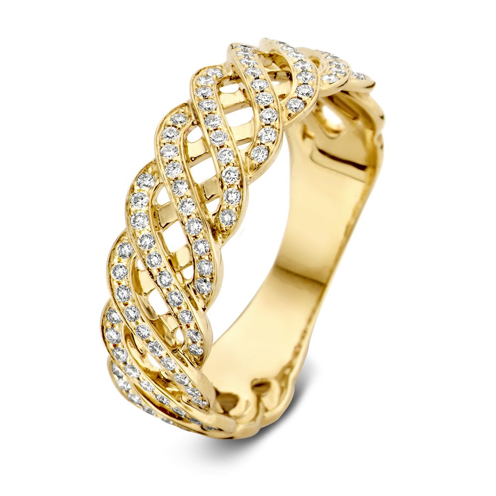 Bague en or jaune ornée de diamants brillants de 0,35 ct, design raffiné avec un motif entrelacé.