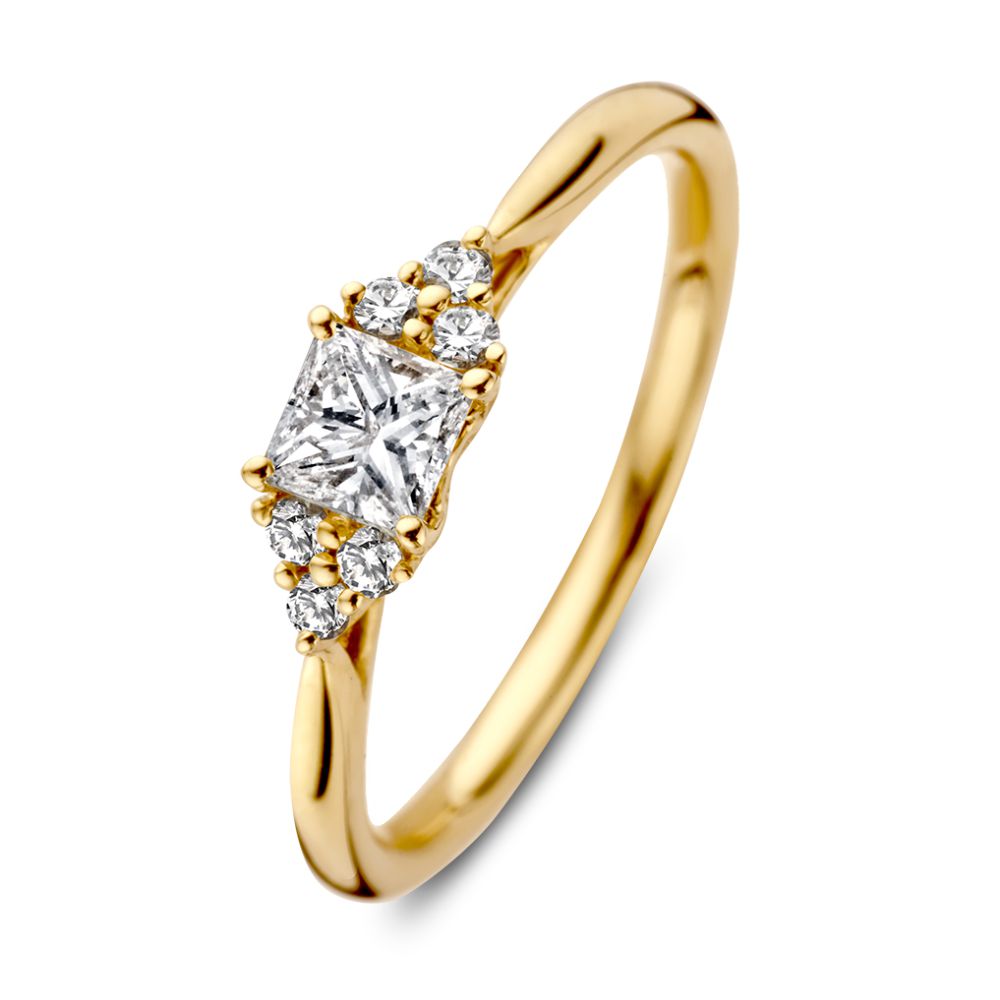 Bague en or jaune avec diamant princesse et brillants, style vintage, 0,52 ct.