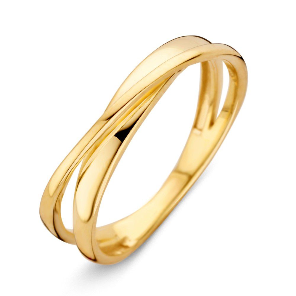 bague en or jaune 14 carats avec un design élégant et subtil à deux bandes entrelacées.