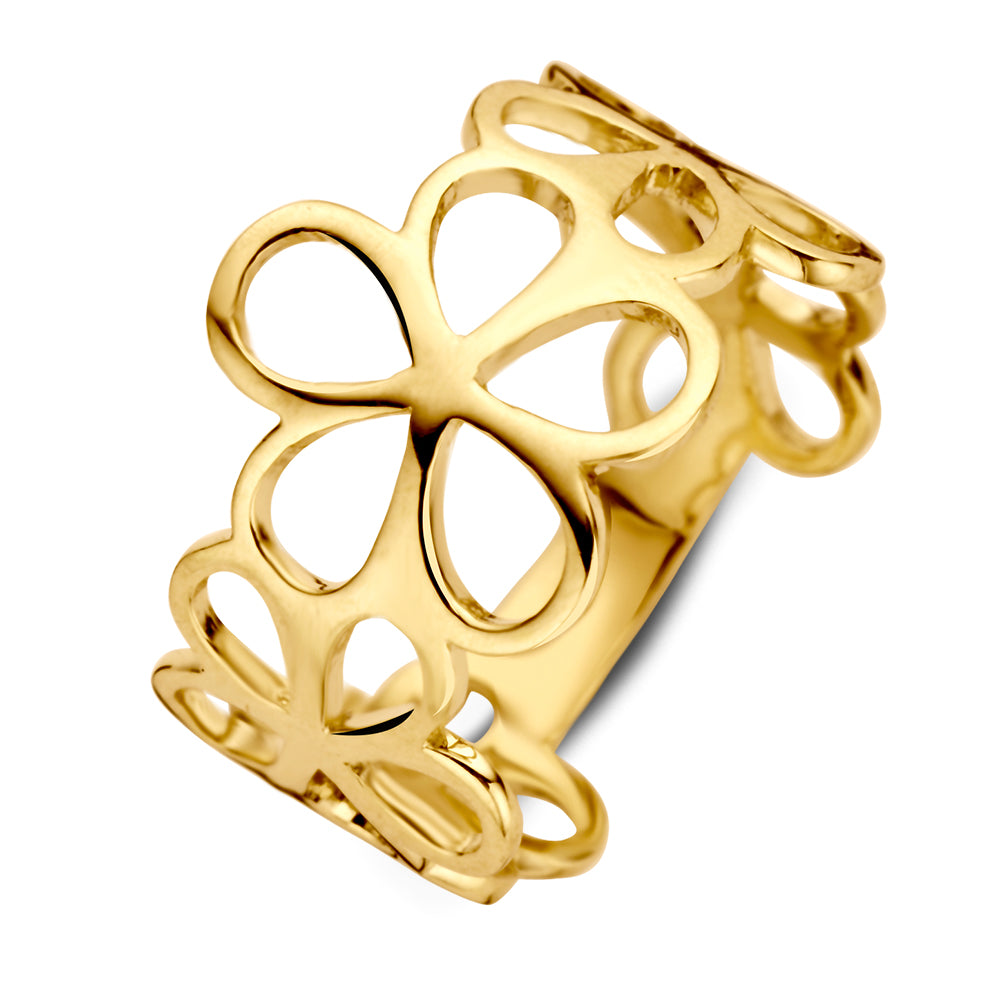 Bague en or jaune 14 carats avec un motif floral ajouré, mettant en valeur l'élégance et le savoir-faire.