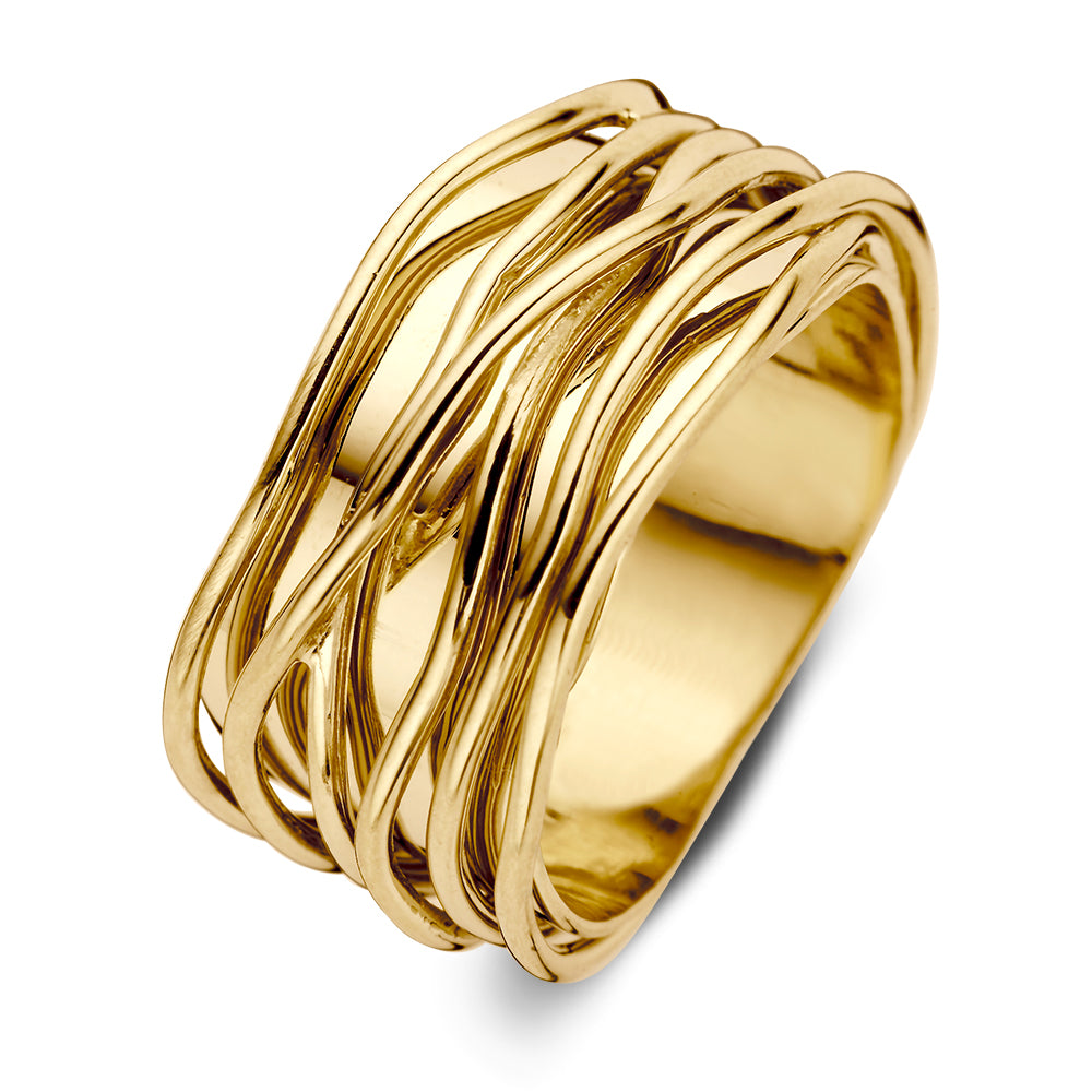 Bague en or jaune 14 carats avec des bandes ondulées et un design large.
