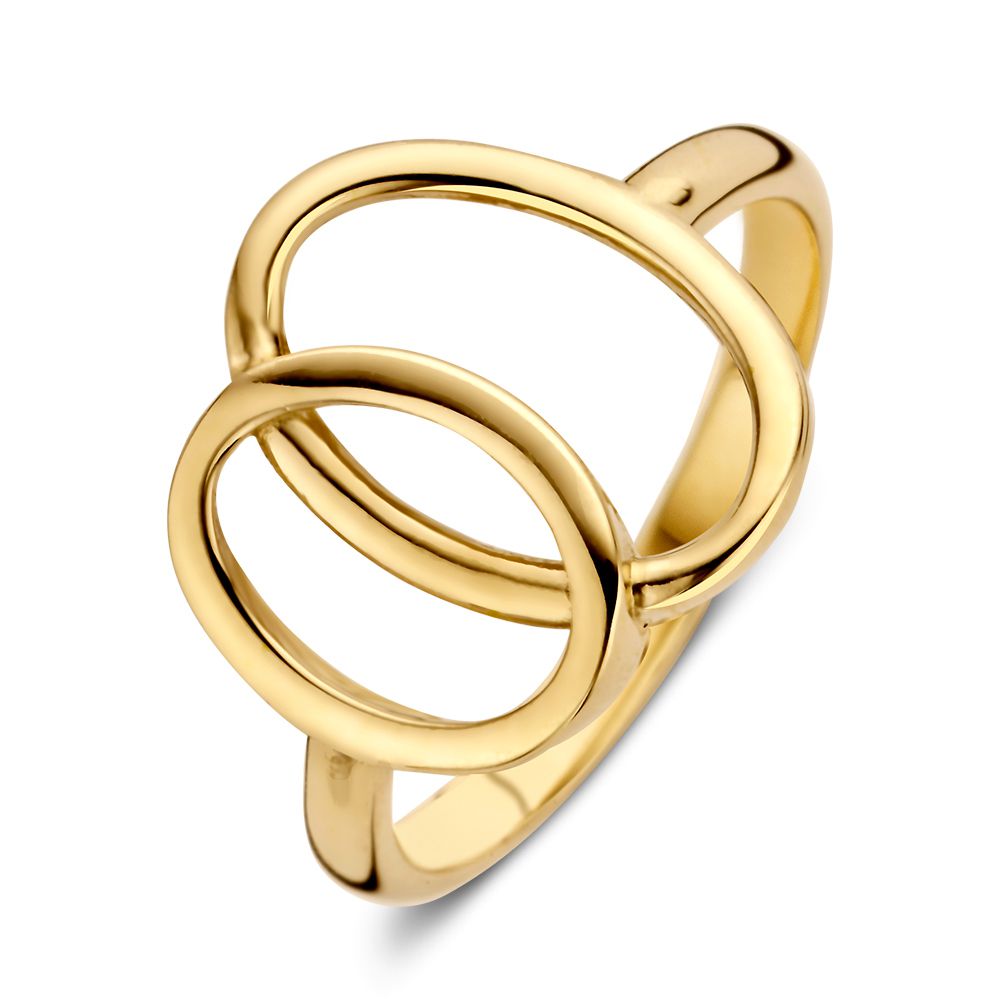 Bague en or jaune 14 carats au design ludique avec des formes entrelacées.