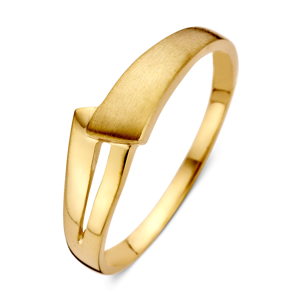 Bague en or jaune 14 carats au design épuré avec une finition mate.