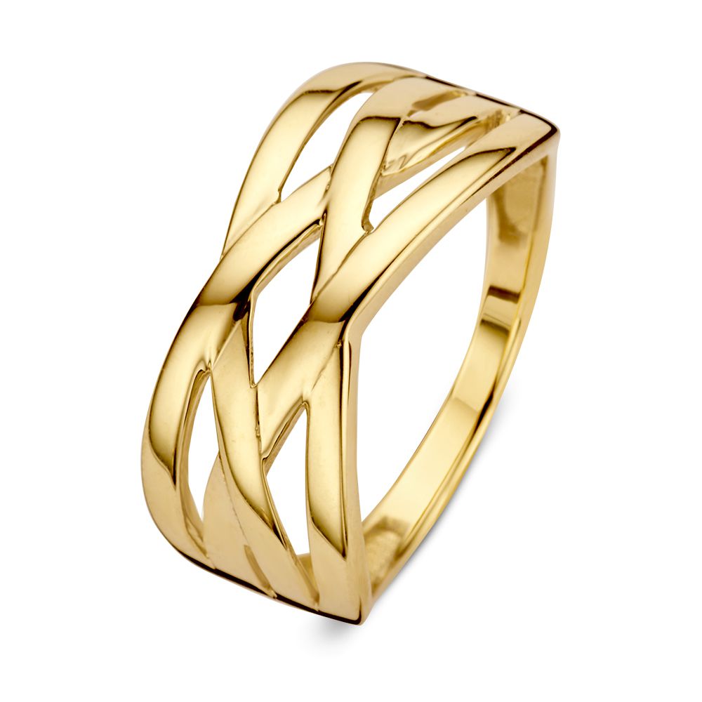 De Geelgouden Damesring van Excellent Jewelry is vervaardigd uit 14 karaat goud en heeft een eenvoudig, elegant ontwerp met meerdere gepolijste banden voor een moderne, tijdloze uitstraling.