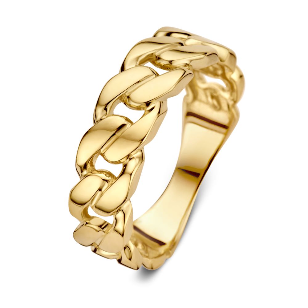 Bague en or jaune 14 carats au design simple, large de 6 mm, sans pierre.