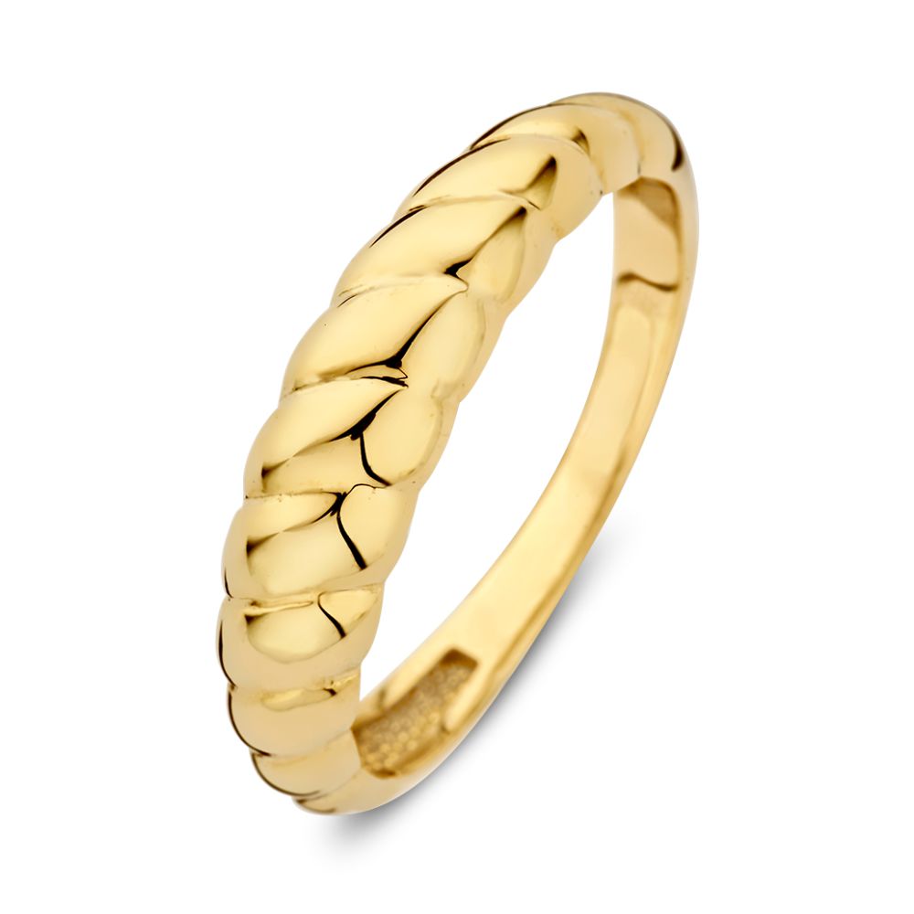 Bague en or jaune 14 carats avec un design en croissant tressé.
