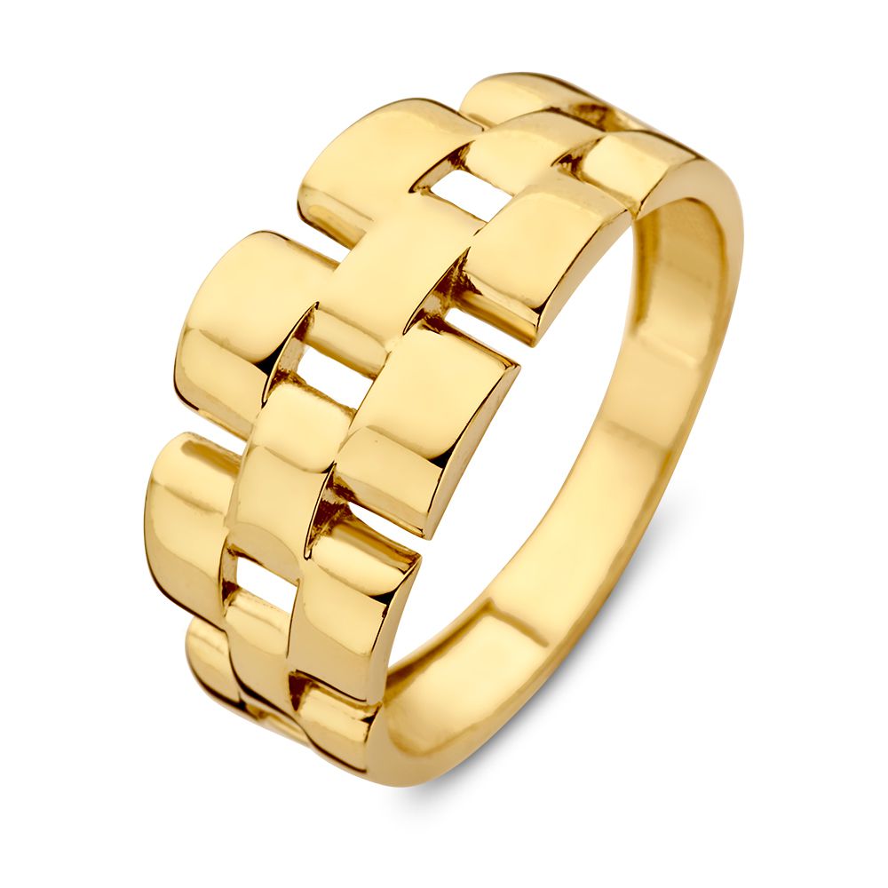 Bague en or jaune 14 carats avec maillons de type Rolex, finition brillante.