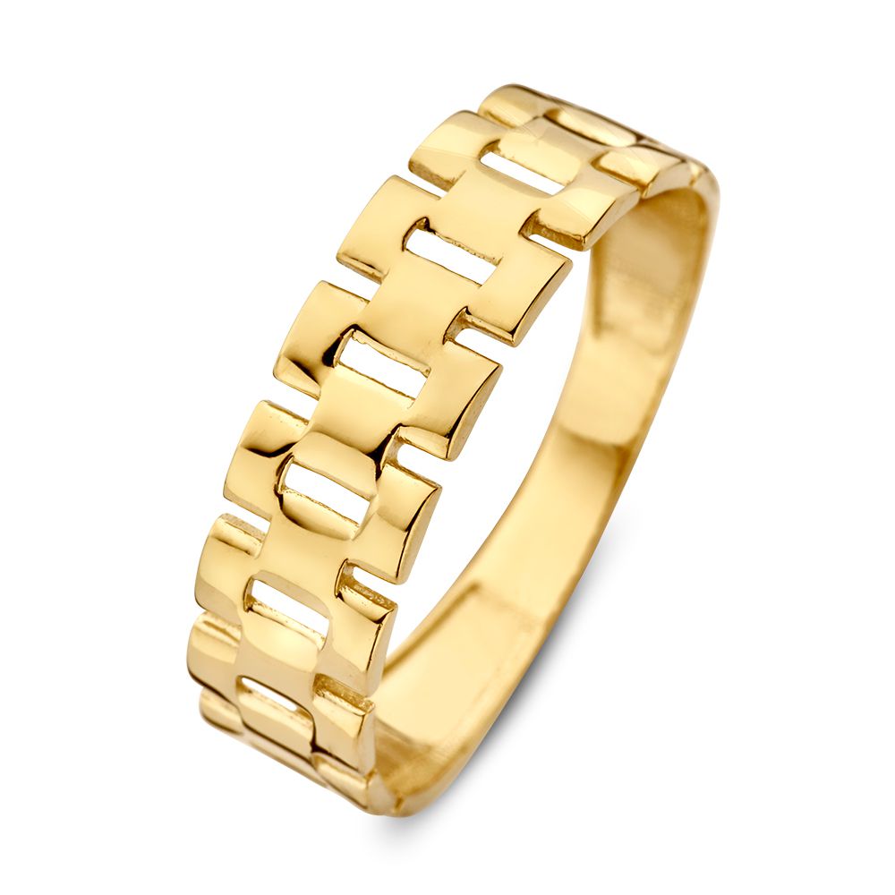 Bague en or jaune 14 carats avec maillons de type Rolex, finition lisse et brillante.