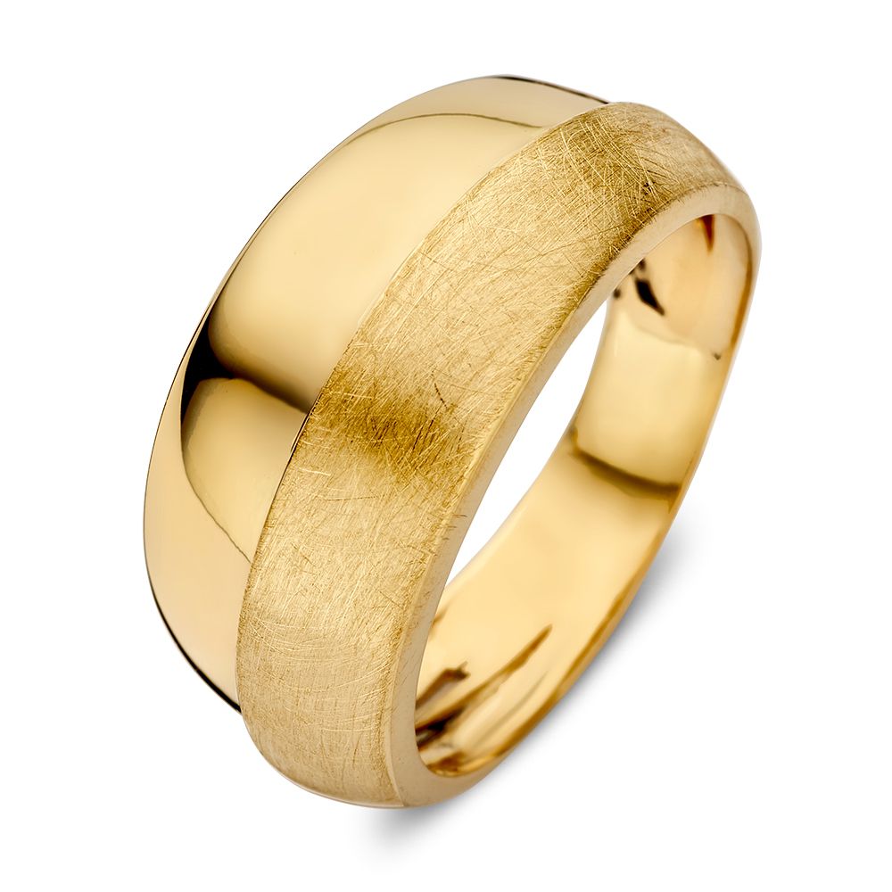 Bague en or jaune 14 carats avec design mat et poli, largeur de 10 mm, sans pierres précieuses.